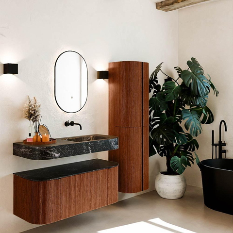 MONDIAZ THOR-DLUX 110cm meuble de salle de bains arrondi gauche + droite couleur Ruby avec 1 tiroir et 2 portes. Vasque suspendue CLOUD droite sans trou de robinet couleur Lava. SW1462855