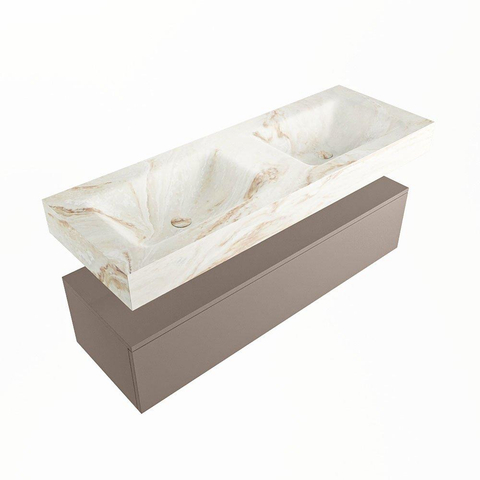 Mondiaz ALAN-DLUX Ensemble de meuble - 130cm - meuble Smoke mat - 1 tiroir - Lavabo Cloud Frappe suspendu - vasque Gauche et droite - 2 trous de robinet SW805460
