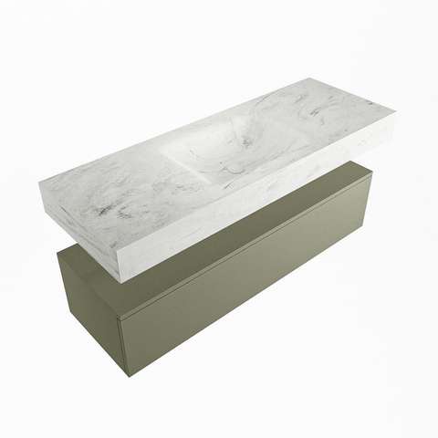 Mondiaz ALAN-DLUX Ensemble de meuble - 130cm - meuble Army mat - 1 tiroir - Lavabo Cloud Opalo suspendu - vasque Centre - 1 trou de robinet SW806876