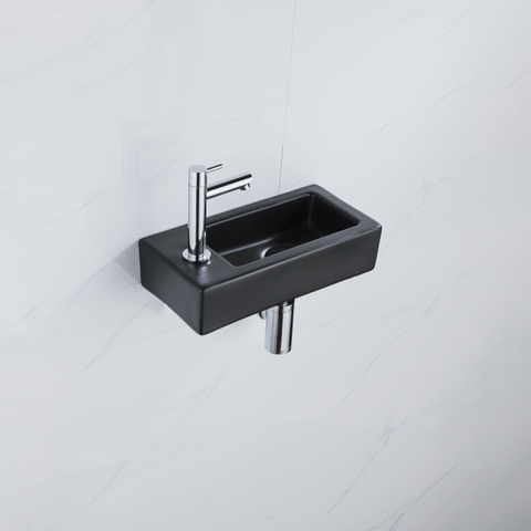 QeramiQ Fuente pack lave-mains – 37,5 x 18,5 x 9 cm – céramique noir mat – perçage à gauche – robinet chromé SW1232722