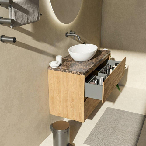 Saniclass Holz Pure Badkamermeubelset - 100x45x63cm - Noche natuurstenen topblad dark emperador - zonder kraangat - 2 lades - mat eiken natural (hout) SW1478294