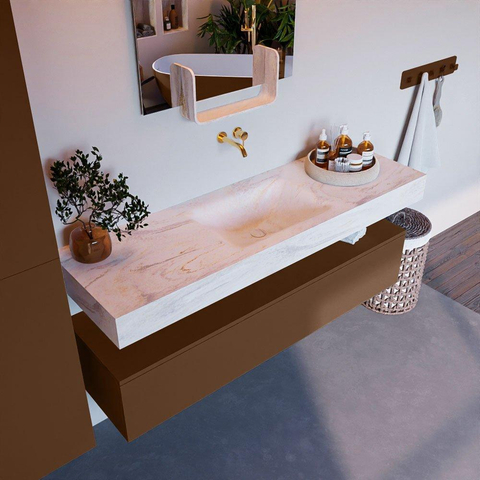 Mondiaz ALAN-DLUX Ensemble de meuble - 150cm - meuble Rust mat - 1 tiroir - Lavabo Cloud Ostra suspendu - vasque Centre - 0 trous de robinet SW807654