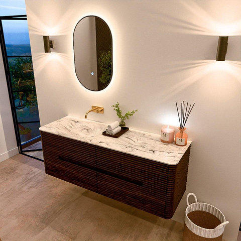 Mondiaz CIRO-DLUX Ensemble de meubles de salle de bains - 140x45x50cm - vasque solid surface Glace - 1 bassin à gauche - sans trous de robinet - 4 tiroirs - Noyer SW1530265