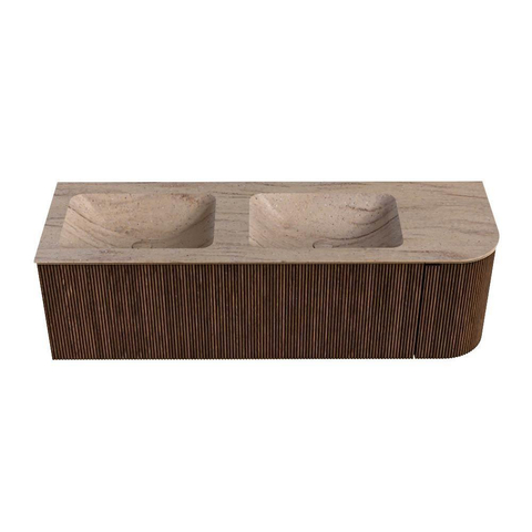 MONDIAZ KURVE-DLUX Meuble de salle de bains 145cm arrondi à droite couleur Walnut avec 1 tiroir et 1 porte. Lavabo LEAF Double / gauche sans trou de robinet Saba. SW1433201