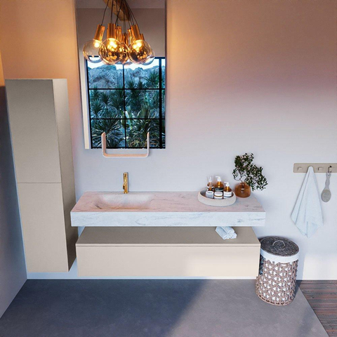Mondiaz ALAN-DLUX Ensemble de meuble - 150cm - meuble Linen mat - 1 tiroir - Lavabo Cloud Opalo suspendu - vasque Gauche - 1 trou de robinet SW806597
