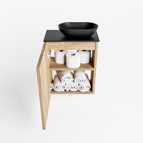 Mondiaz Fowy meuble de toilette - 40x50x23cm - chêne blanchi mat - 1 trou de robinet - lavabo à droite - 1 porte - solid surface - plan Mélamine - lavabo : noir SW761435