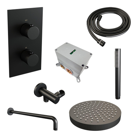BRAUER Stripe Douche de pluie encastrée thermostatique - 3 voies - rectangulaire - SET 14 - pomme de douche 25 cm - bras mural courbé - douchette barre - flexible de douche - coude de raccordement mural - noir mat SW1435142