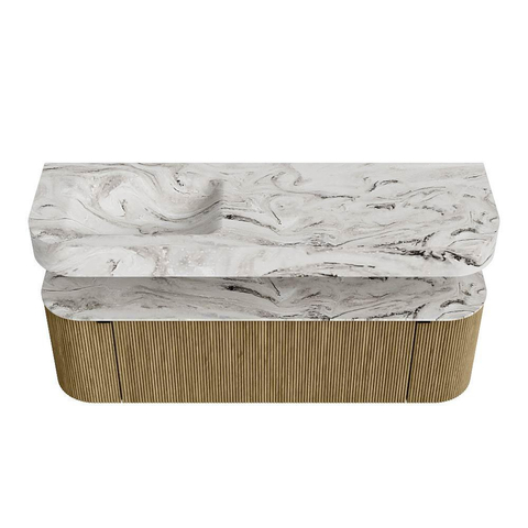 MONDIAZ THOR-DLUX 150cm meuble de salle de bains arrondi gauche + droite couleur Dusk avec 1 tiroir et 2 portes. Vasque suspendue CLOUD Gauche 1 trou de robinet couleur Glace. SW1467668