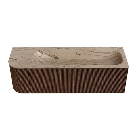 MONDIAZ KURVE-DLUX Meuble de salle de bains 145cm arrondi à gauche couleur Walnut avec 1 tiroir et 1 porte. Lavabo BIG LARGE à droite 2 trous de robinet Arena. SW1431227