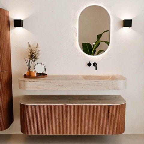 MONDIAZ THOR-DLUX 140cm meuble de salle de bains arrondi gauche + droite couleur Ruby avec 1 tiroir et 2 portes. Vasque suspendue CLOUD droite sans trou de robinet couleur Saba. SW1464320
