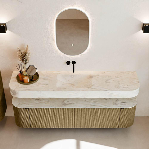 MONDIAZ THOR-DLUX Meuble de salle de bains 180cm arrondi gauche + droite couleur Dusk avec 2 tiroirs et 2 portes. Vasque suspendue CLOUD Milieu sans trou de robinet couleur Ostra. SW1466015