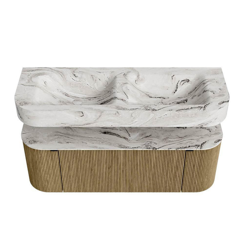 MONDIAZ THOR-DLUX 130cm meuble de salle de bains arrondi gauche + droite couleur Dusk avec 1 tiroir et 2 portes. Vasque suspendue CLOUD Double sans trou de robinet couleur Glace. SW1463637
