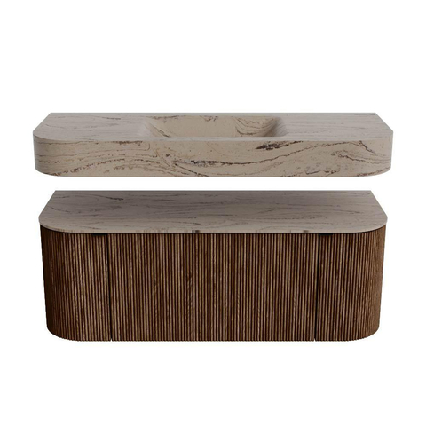 MONDIAZ THOR-DLUX 120cm badmeubel ronding links + rechts kleur Walnut met 1 lade en 2 deuren. Vrijhangende wastafel CLOUD Midden zonder kraangat kleur Arena. SW1463421