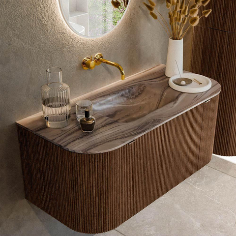 MONDIAZ KURVE-DLUX 100cm badmeubel ronding Links + Rechts kleur Walnut met 1 lade en 2 deuren. Wastafel GRUNNE Midden zonder kraangat Sombra. SW1433628