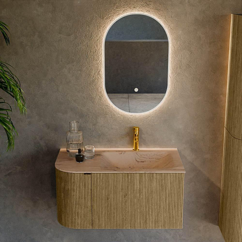MONDIAZ KURVE-DLUX meuble de salle de bains 85cm arrondi gauche couleur Dusk avec 1 tiroir et 1 porte. Lavabo CLOUD droit 1 trou de robinet Arena. SW1431359