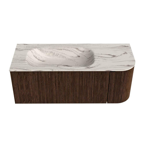 MONDIAZ KURVE-DLUX 115cm badmeubel ronding Rechts kleur Walnut met 1 lade en 1 deur. Wastafel BIG SMALL Links 1 kraangat Nata. SW1432203