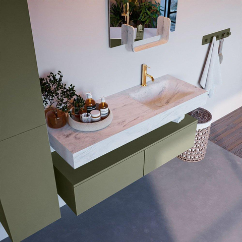 Mondiaz ALAN-DLUX Ensemble de meuble - 130cm - meuble Army mat - 2 tiroirs - Lavabo Cloud Opalo suspendu - vasque Droite - 1 trou de robinet SW807085