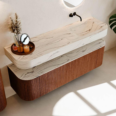 MONDIAZ THOR-DLUX 160cm meuble de salle de bains arrondi gauche + droite couleur Ruby avec 1 tiroir et 2 portes. Vasque suspendue CLOUD Droite sans trou de robinet couleur Nata. SW1465279