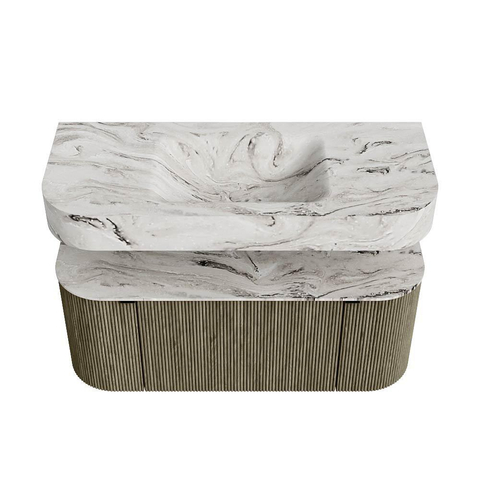 MONDIAZ THOR-DLUX 110cm meuble de salle de bains arrondi gauche + droite couleur Shadow avec 1 tiroir et 2 portes. Vasque suspendue CLOUD Milieu sans trou de robinet couleur Glace. SW1462857
