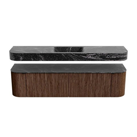 MONDIAZ THOR-DLUX 180cm meuble de salle de bains arrondi gauche + droite couleur Walnut avec 2 tiroirs et 2 portes. Vasque suspendue CLOUD Centre sans trou de robinet couleur Lava. SW1465959