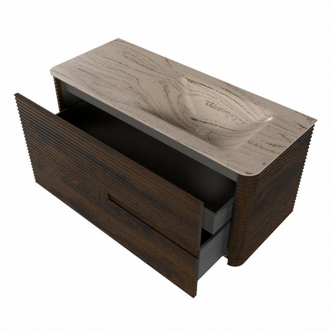 Mondiaz CIRO-DLUX Badkamermeubelset - 110x45x50cm - Solid surface wastafel Arena - 1 wasbak Rechts - zonder kraangaten - 2 lades - Walnut SW1530458