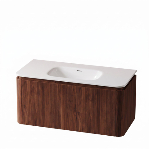 Royal Plaza Terra Ensemble meuble de salle de bains - 100x46.2x46cm - vasque en solid surface blanc brillant - 1 vasque - sans trou de robinet - 2 tiroirs - châtaigne (noyer) SW1447024