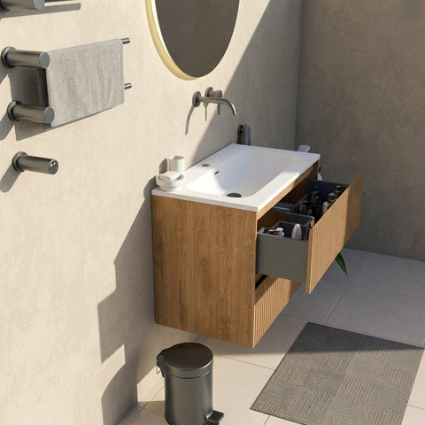 Saniclass Holz Atelier Badkamermeubelset - 80x45x77.5cm - Torino solid surface wastafel wit - zonder kraangat - 2 lades - mat eiken natural (hout) SW1478648