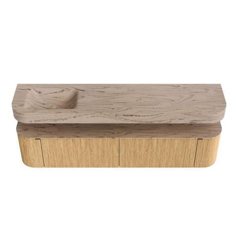MONDIAZ THOR-DLUX 200cm meuble de salle de bains arrondi gauche + droite couleur Oak avec 2 tiroirs et 2 portes. Vasque suspendue CLOUD gauche sans trou de robinet couleur Arena. SW1467060