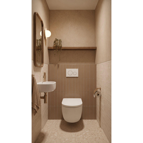 QeramiQ Dely Ensemble WC - 36.3x51.7cm - cuvette profonde - sans bride - réservoir encastré avec mécanisme de chasse Geberit UP320 - abattant WC softclose 35 mm - plaque de commande blanc brillant - boutons ronds - blanc mat SW1413223