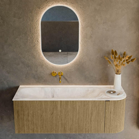 Mondiaz KURVE-DLUX Ensemble meuble de salle de bains - 125x46x40cm - 1 tiroir - 1 porte - lavabo solid surface - gauche - sans trou de robinet - Dusk SW1414902