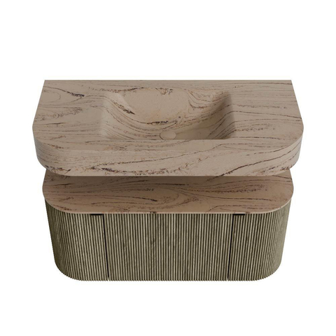 MONDIAZ THOR-DLUX 100cm meuble de salle de bains arrondi gauche + droite couleur Shadow avec 1 tiroir et 2 portes. Vasque suspendue CLOUD Milieu sans trou de robinet couleur Arena. SW1467723