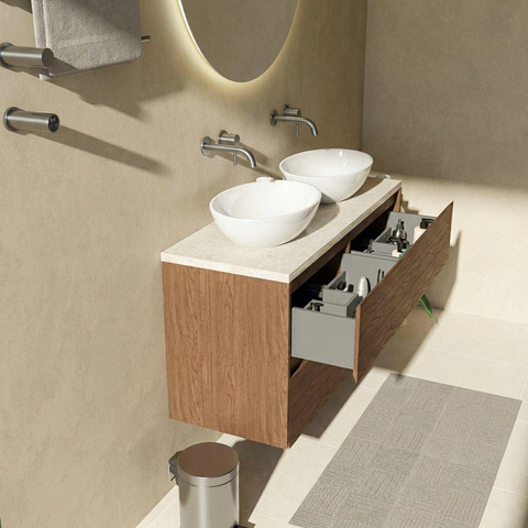 Saniclass Holz Pure Badkamermeubelset - 120x45x63cm - Travertine natuurstenen topblad - zonder kraangat - 4 lades - mat walnut pure (hout) SW1478879