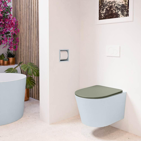 Mondiaz LAVIE hangtoilet – spoelrandloos – 36 x 53 cm – met softclose zitting – Clay (lichtblauw/grijs), zitting Army (groen) SW1208569