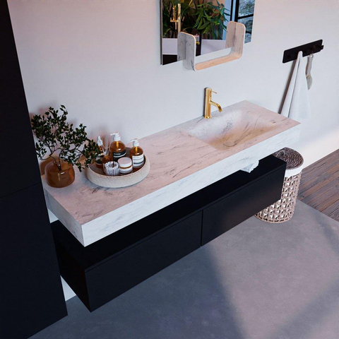 Mondiaz ALAN-DLUX Ensemble de meuble - 150cm - meuble Urban mat - 2 tiroirs - Lavabo Cloud Opalo suspendu - vasque Droite - 1 trou de robinet SW806298