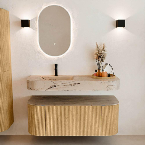 MONDIAZ THOR-DLUX Meuble de salle de bains 120cm arrondi gauche + droite couleur Oak avec 1 tiroir et 2 portes. Vasque suspendue CLOUD Gauche 1 trou de robinet couleur Arena. SW1463400