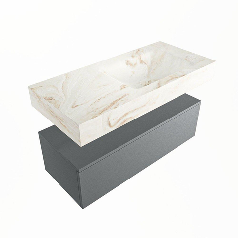 Mondiaz ALAN-DLUX Ensemble de meuble - 100cm - meuble Plata mat - 1 tiroir - Lavabo Cloud Frappe suspendu - vasque Droite - 0 trous de robinet SW805492