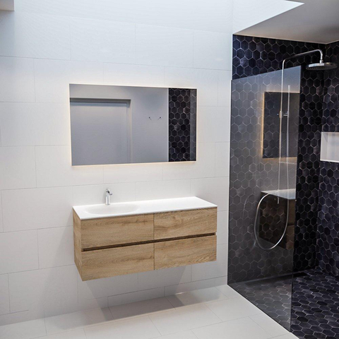 ENSEMBLE DE MEUBLE MONDIAZ VICA - 120cm - 4 tiroirs - lavabo Moon gauche - 1 trou de robinet - solid surface chêne blanchi SW410052