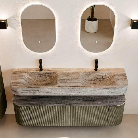 MONDIAZ THOR-DLUX 160cm meuble de salle de bains arrondi gauche + droite couleur Shadow avec 1 tiroir et 2 portes. Vasque suspendue CLOUD Double 2 trous de robinet couleur Oza. SW1465311