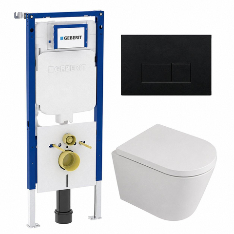 QeramiQ Dely Toiletset - 36.3x51.7cm - diepspoel - rimless - Geberit UP720 inbouwreservoir - softclose toilet zitting - 35mm - metaal mat zwarte bedieningsplaat - rechthoekige knoppen - mat wit SW1428005