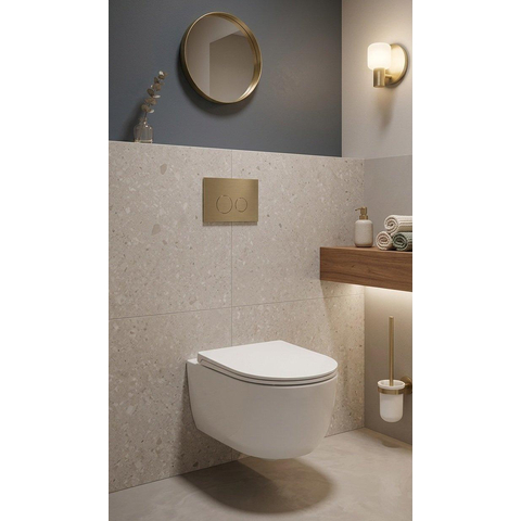 QeramiQ Dely Swirl Toiletset - 36.3x51.7cm - diepspoel - rimless - Geberit UP320 inbouwreservoir - met Burda frame - 35mm zitting - geborsteld messing bedieningsplaat - ronde knoppen - mat wit SW1138642