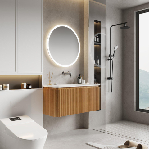 Royal Plaza Terra Edge Ensemble meuble de salle de bains - 100x45.5x46cm - vasque en céramique blanc brillant - 1 vasque - sans trous de robinet - 2 tiroirs - sandwood (chêne clair) SW1471932
