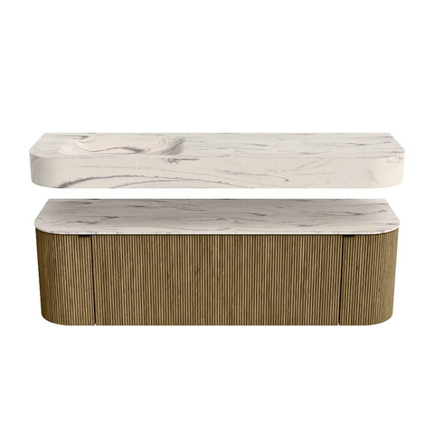 MONDIAZ THOR-DLUX 150cm meuble de salle de bains arrondi gauche + droite couleur Dusk avec 1 tiroir et 2 portes. Vasque suspendue CLOUD gauche 1 trou de robinet couleur Nata. SW1464815