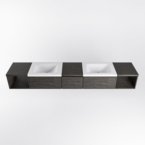 MONDIAZ BUKLA 240cm ensemble de meuble avec module ouvert 40 L+R couleur Marron Foncé avec 3 tiroirs. Lavabo CLOUD double 0 trous de robinet couleur Talc. SW1382223