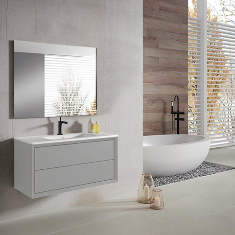 Saniclass Prime Core Meuble de salle de bain - 100x50x45cm - 1 vasque ovale en céramique blanc - 1 trou de robinet - 2 tiroirs - miroir rectangulaire - mat greige (gris) SW925888