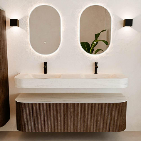 MONDIAZ THOR-DLUX 150cm meuble de salle de bains arrondi gauche + droite couleur Walnut avec 1 tiroir et 2 portes. Vasque suspendue CLOUD Double 2 trous de robinet couleur Meli. SW1464765