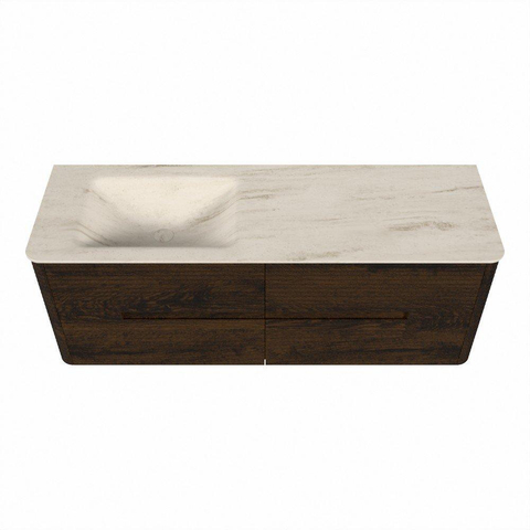 Mondiaz CIRO-DLUX Meuble de salle de bains set - 140x45x50cm - Plan vasque solid surface Meli - 1 lavabo à gauche - sans trous de robinetterie - 4 tiroirs - Noyer SW1530521