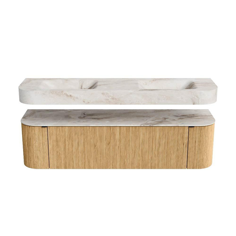 MONDIAZ THOR-DLUX 170cm meuble de salle de bains arrondi gauche + droite couleur Oak avec 1 tiroir et 2 portes. Vasque suspendue CLOUD Double sans trou de robinet couleur Frappe. SW1465435