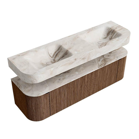 MONDIAZ THOR-DLUX 160cm meuble de salle de bains arrondi gauche + droite couleur Walnut avec 1 tiroir et 2 portes. Vasque suspendue CLOUD Double 2 trous de robinet couleur Frappe. SW1465023