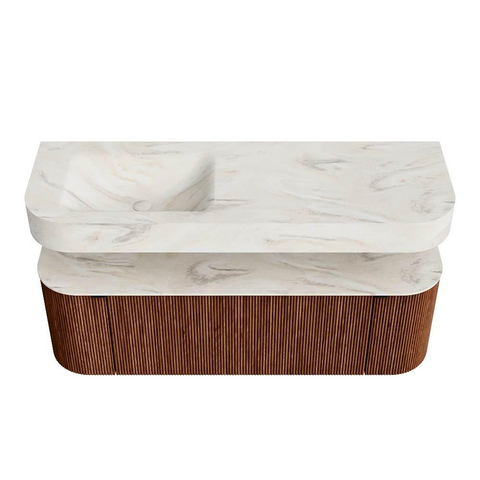 MONDIAZ THOR-DLUX 140cm meuble de salle de bains arrondi gauche + droite couleur Ruby avec 1 tiroir et 2 portes. Vasque suspendue CLOUD Gauche 1 trou de robinet couleur Ostra. SW1464156