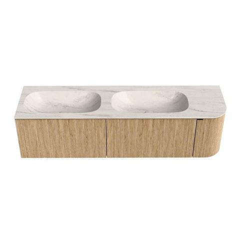 MONDIAZ KURVE-DLUX 165cm badmeubel ronding Rechts kleur Oak met 2 lades en 1 deur. Wastafel STOR SMALL Dubbel / Links 2 kraangaten Meli. SW1431638